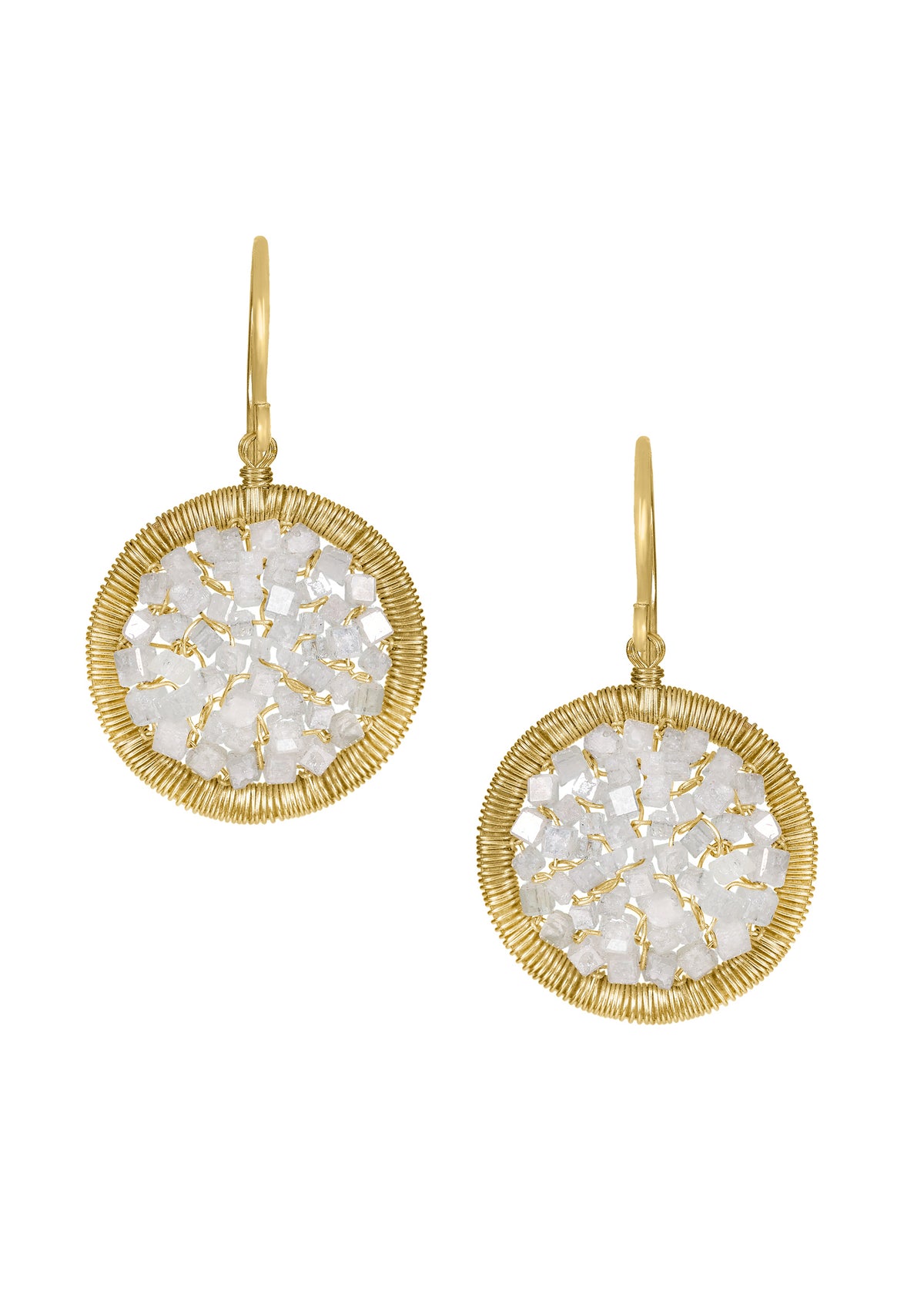 Diamond earrings in 14k gold featuring hand wire-wrapped circular frames with a cluster of tiny square diamonds.