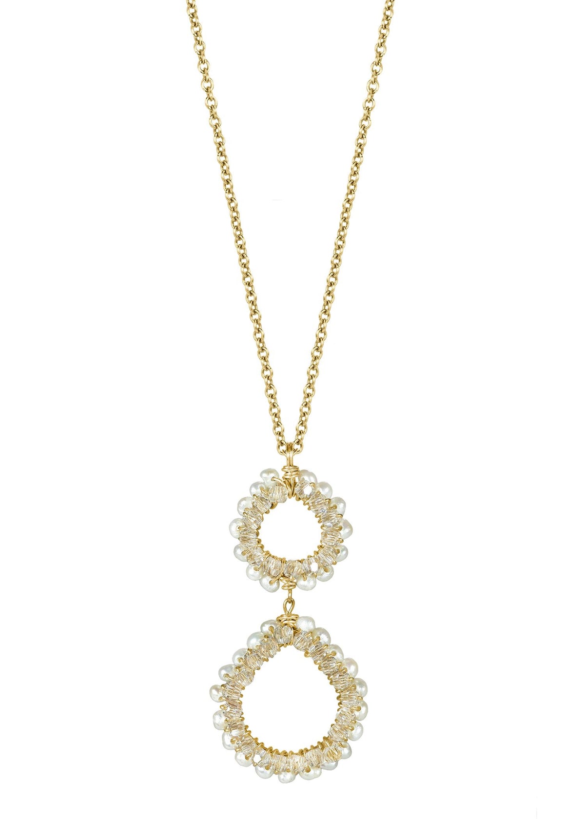 Two hearts necklace with freshwater pearl and crystal on 14k gold fill chain with hand wire-wrapped circular pendants.