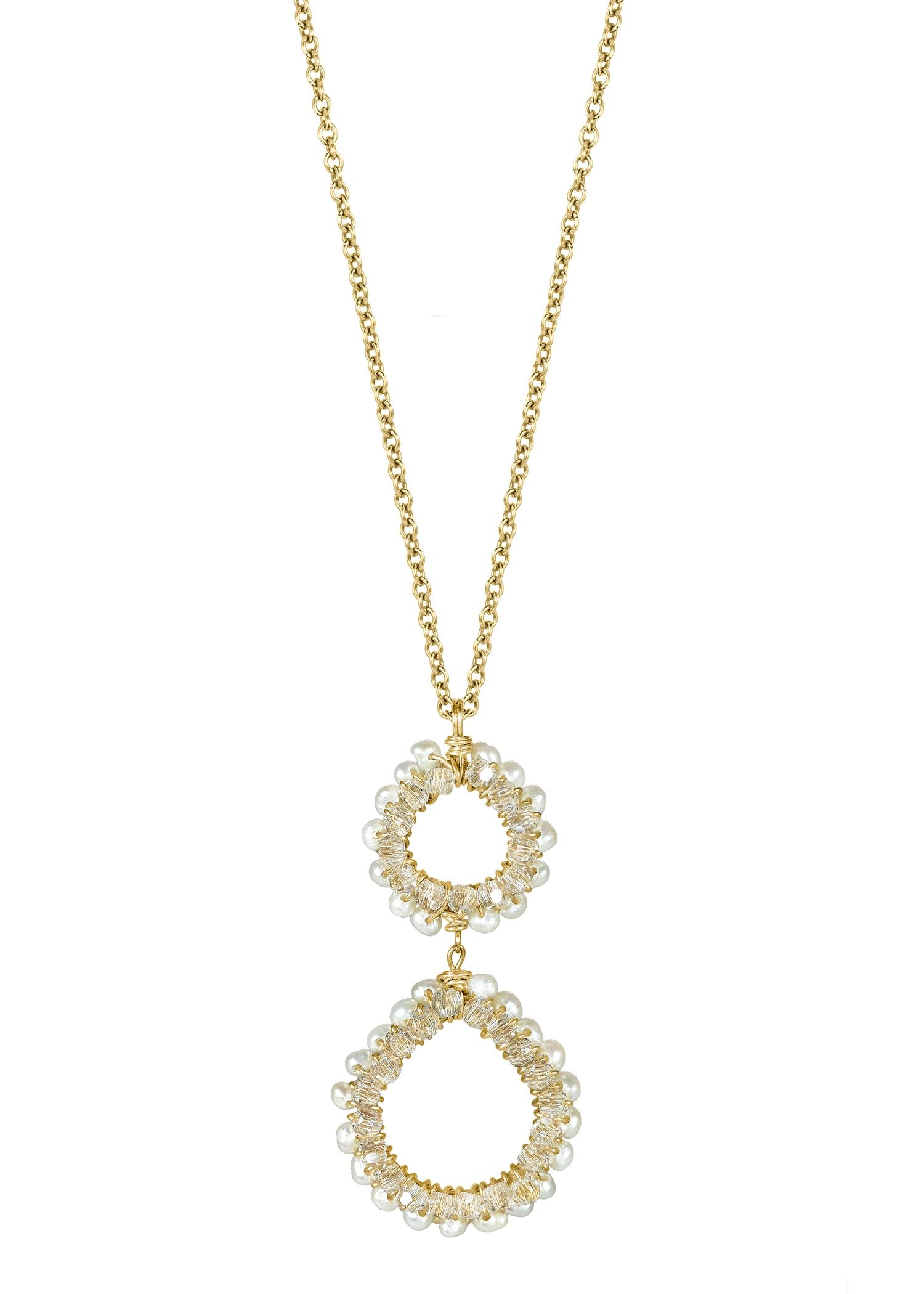 Two hearts necklace with freshwater pearl and crystal on 14k gold fill chain with hand wire-wrapped circular pendants.