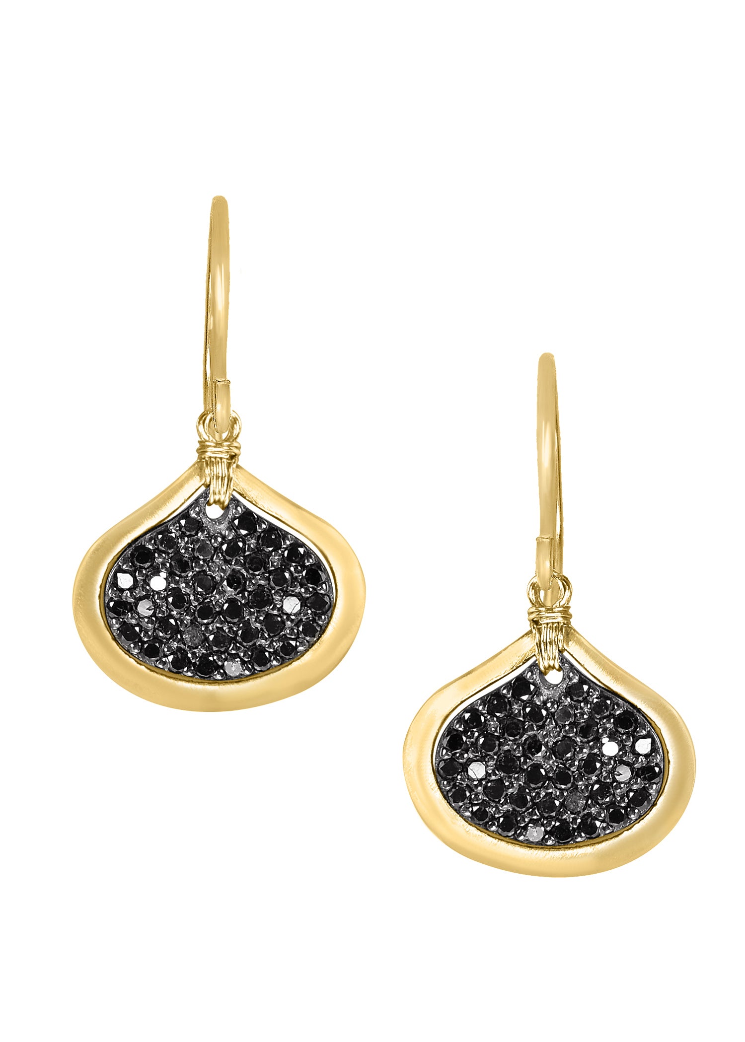 Black diamond drop earrings in 14k gold and sterling silver with a curvy spade shape and hand wire-wrapped detail.