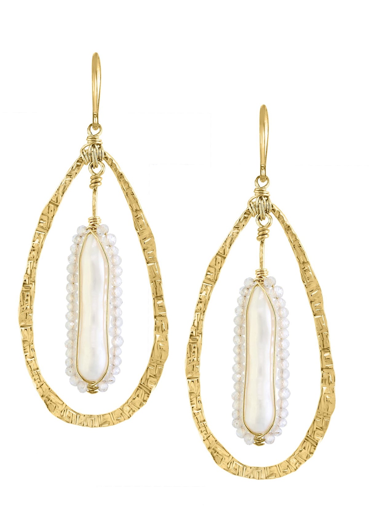 Fresh water pearl White moonstone 14k gold fill Earrings measure 2&quot; in length (including the ear wires) and 11/16&quot; in width Handmade in our Los Angeles studio