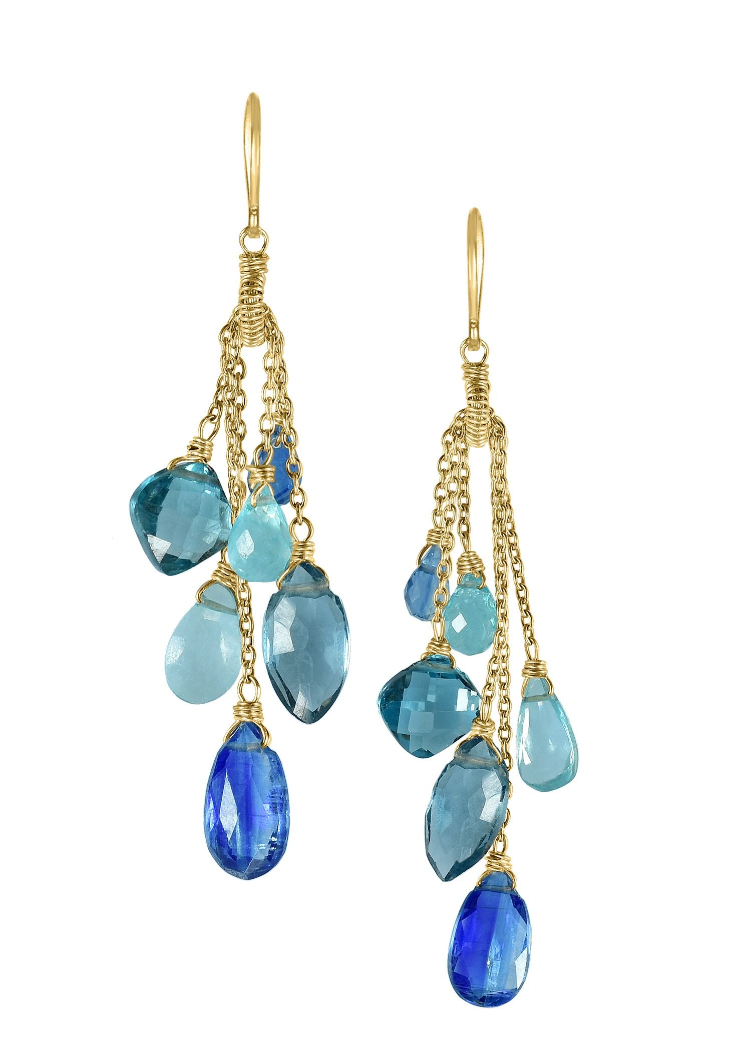 Waterfall earrings with kyanite, apatite, and London blue topaz on 14k gold fill chains in a cascading tassel design.