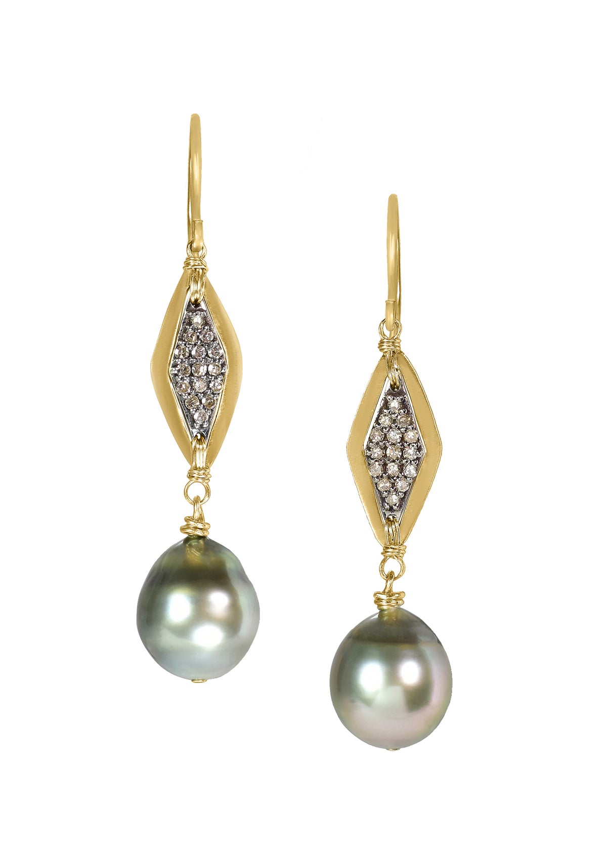 Tahitian pearl drop earrings with hand wire-wrapped 14k gold and diamond pave in a marquise frame.