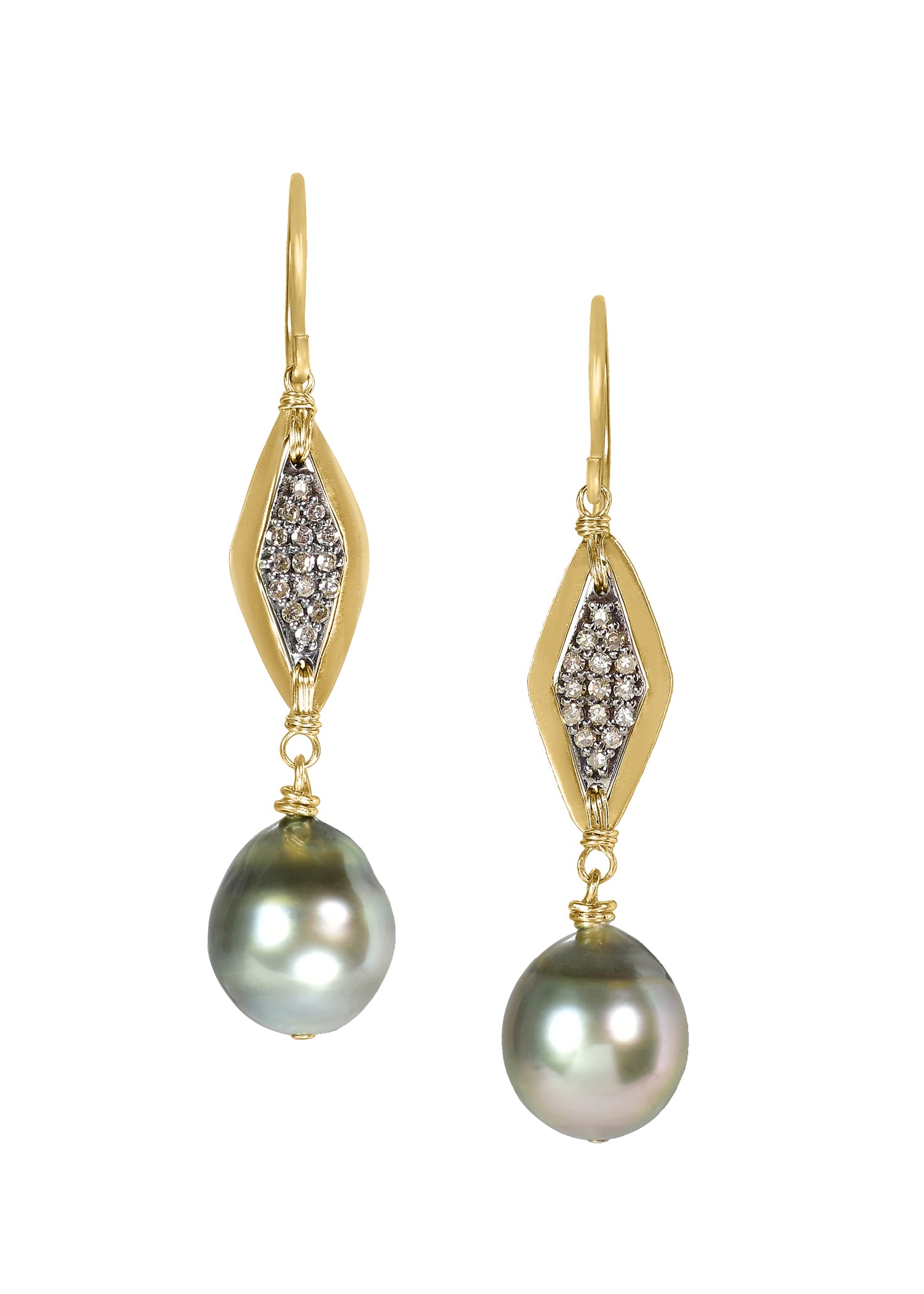Tahitian pearl drop earrings with hand wire-wrapped 14k gold and diamond pave in a marquise frame.