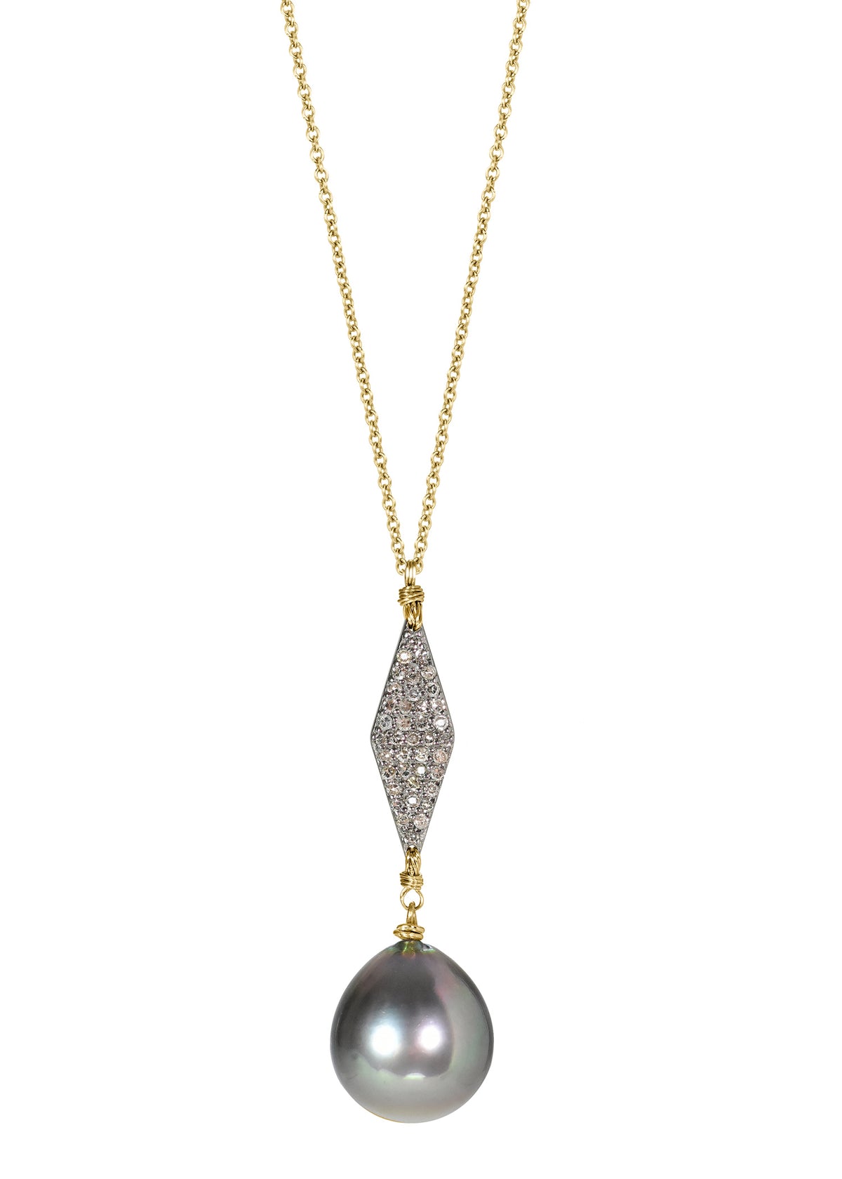Tahitian pearl and diamond pendant necklace in 14k gold and sterling silver with hand wire-wrapped detail on a 28-inch chain.
