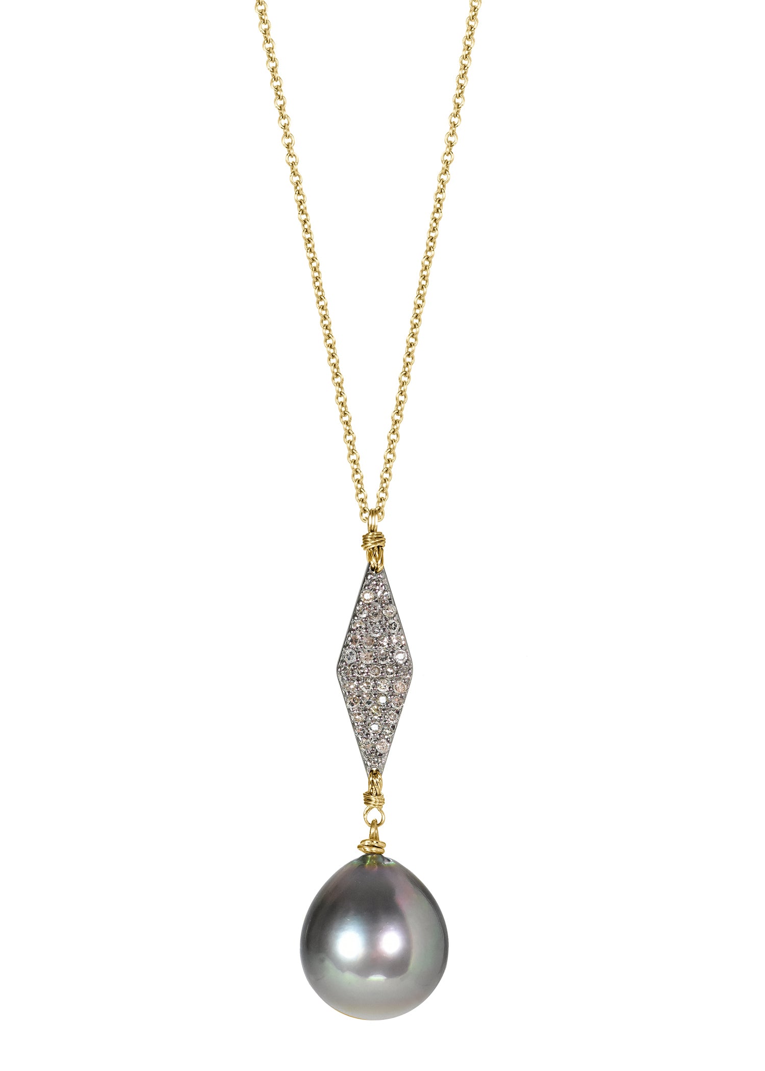 Tahitian pearl and diamond pendant necklace in 14k gold and sterling silver with hand wire-wrapped detail on a 28-inch chain.