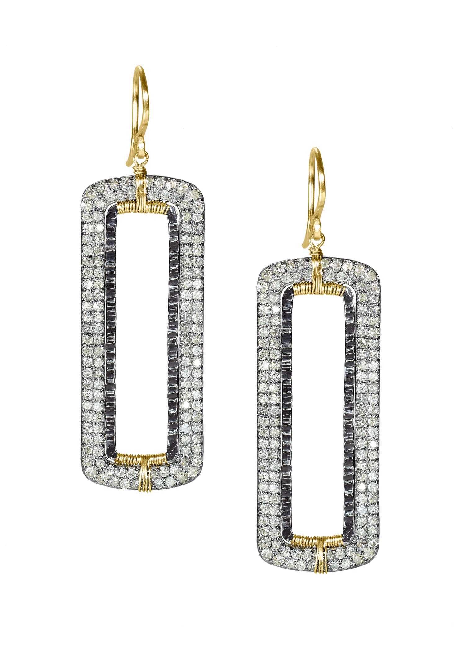 Diamond pave earrings with 14k gold and sterling silver rectangular frames, hand wire-wrapped, 2 inches long.