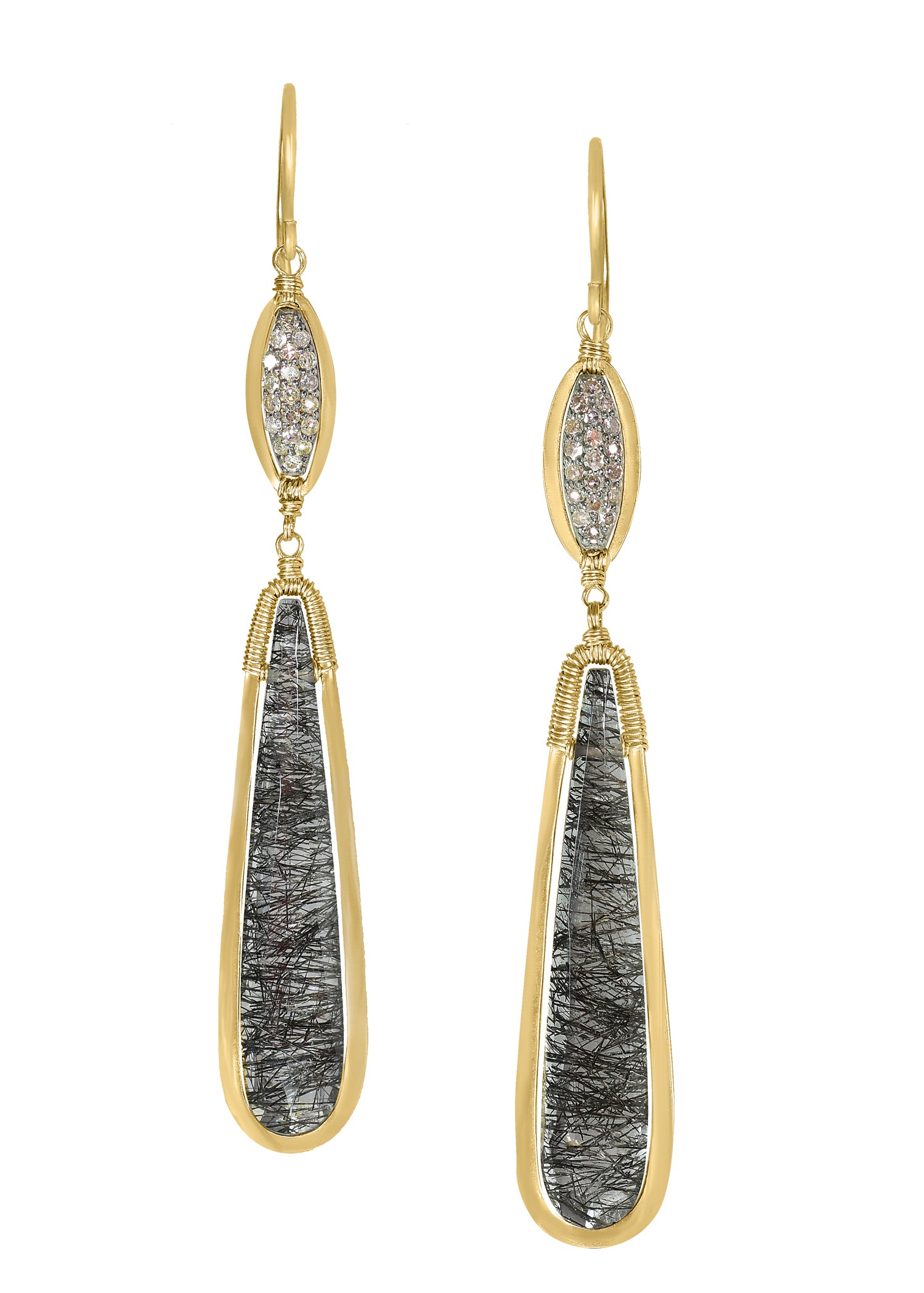 Zelda earrings with diamond and tourmalated quartz, hand wire-wrapped in 14k gold and sterling silver double drop frames.