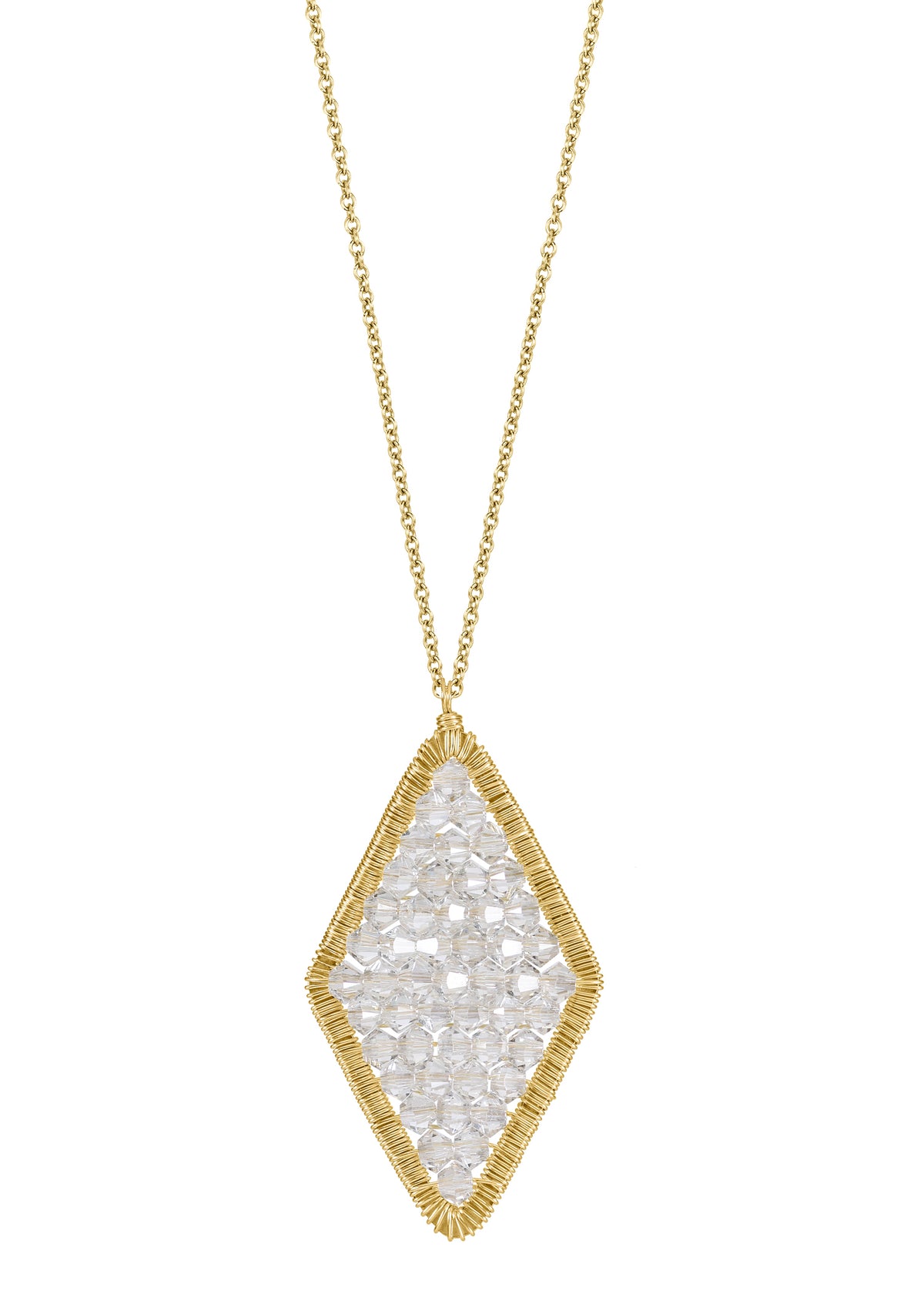 Crystal necklace in 14k gold fill featuring a hand wire-wrapped diamond-shaped pendant with rows of clear crystals.