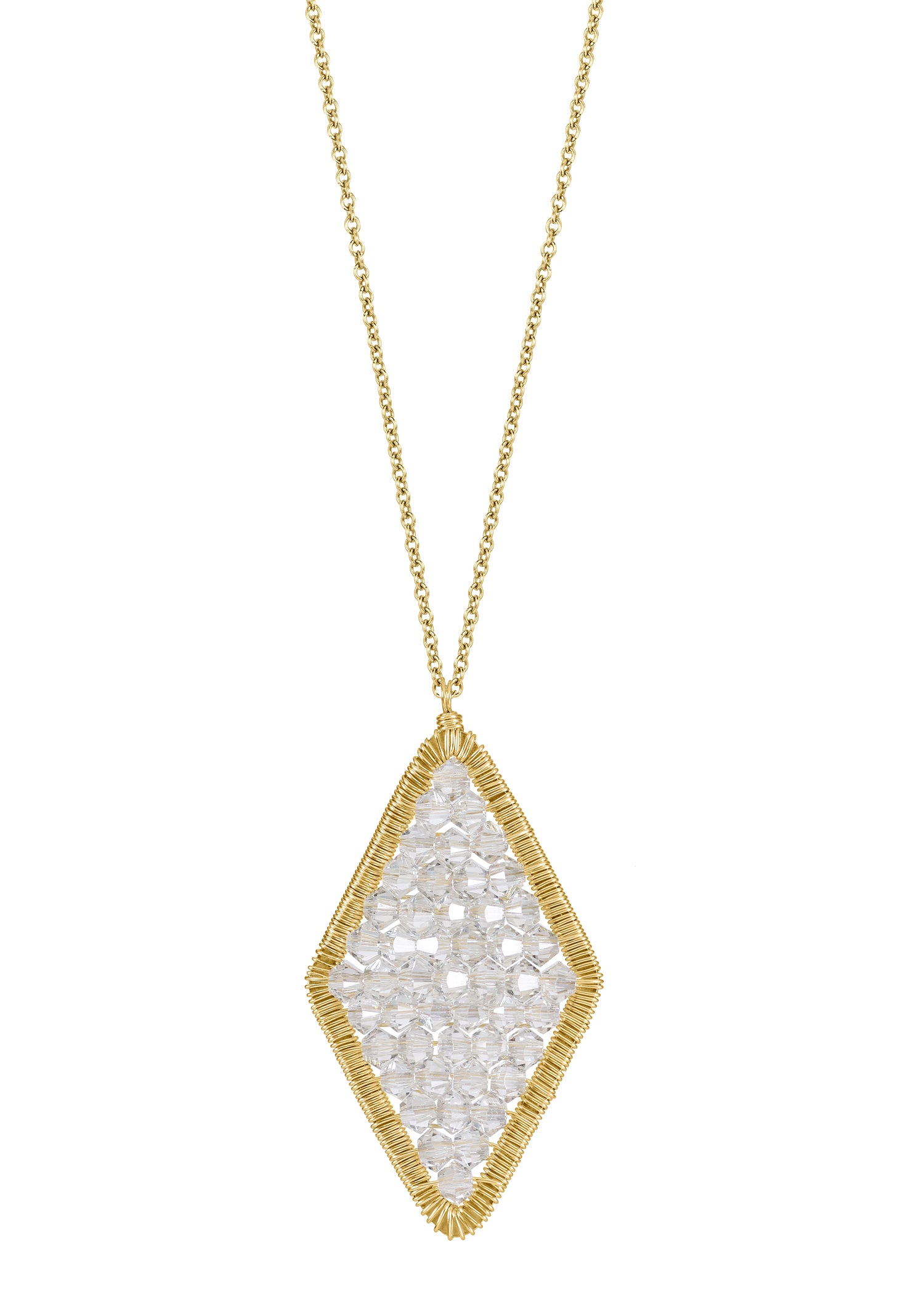Crystal necklace in 14k gold fill featuring a hand wire-wrapped diamond-shaped pendant with rows of clear crystals.