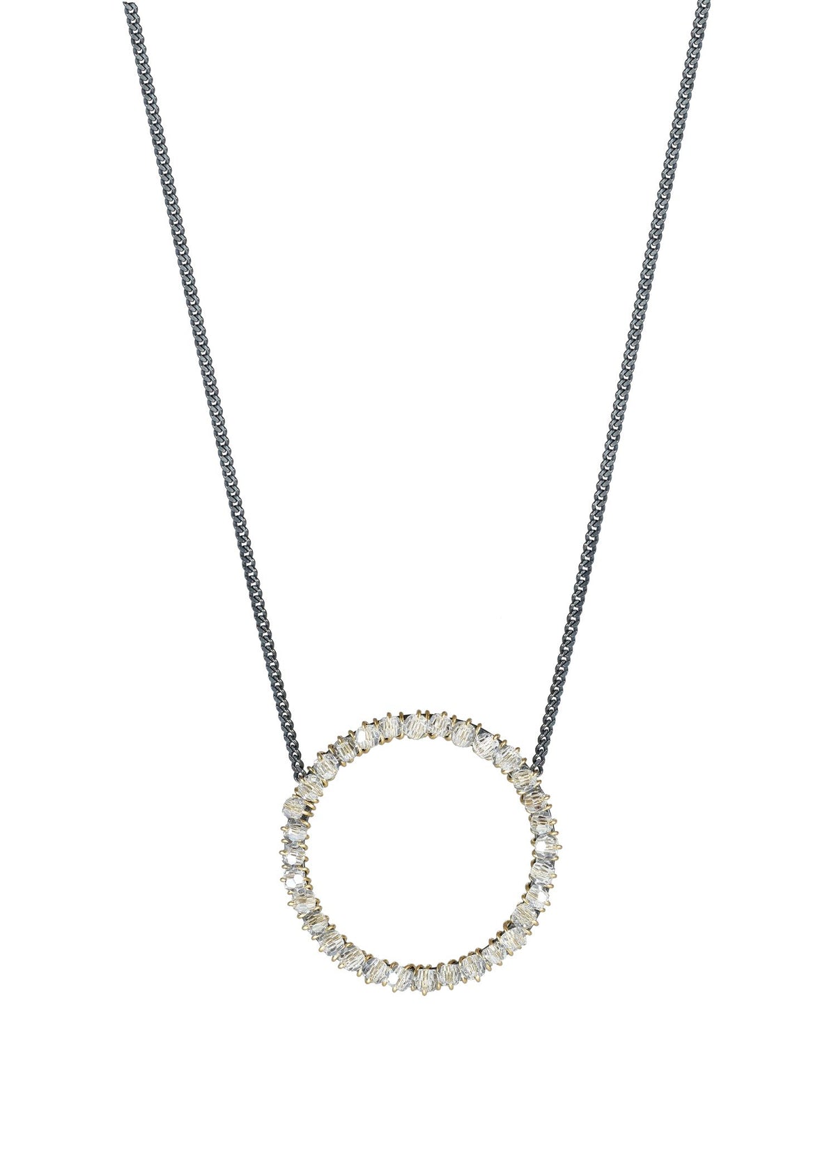 Crystal 14k gold fill Blackened sterling silver Mixed metal Necklace measures 16&quot; in length Pendant measures 13/16&quot; in diameter Handmade in our Los Angeles studio