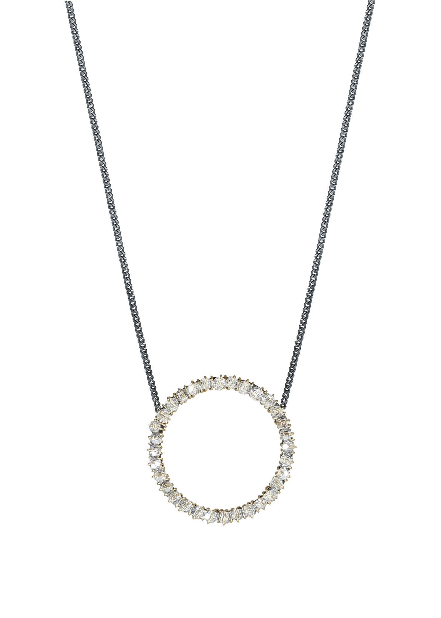 Crystal 14k gold fill Blackened sterling silver Mixed metal Necklace measures 16" in length Pendant measures 13/16" in diameter Handmade in our Los Angeles studio
