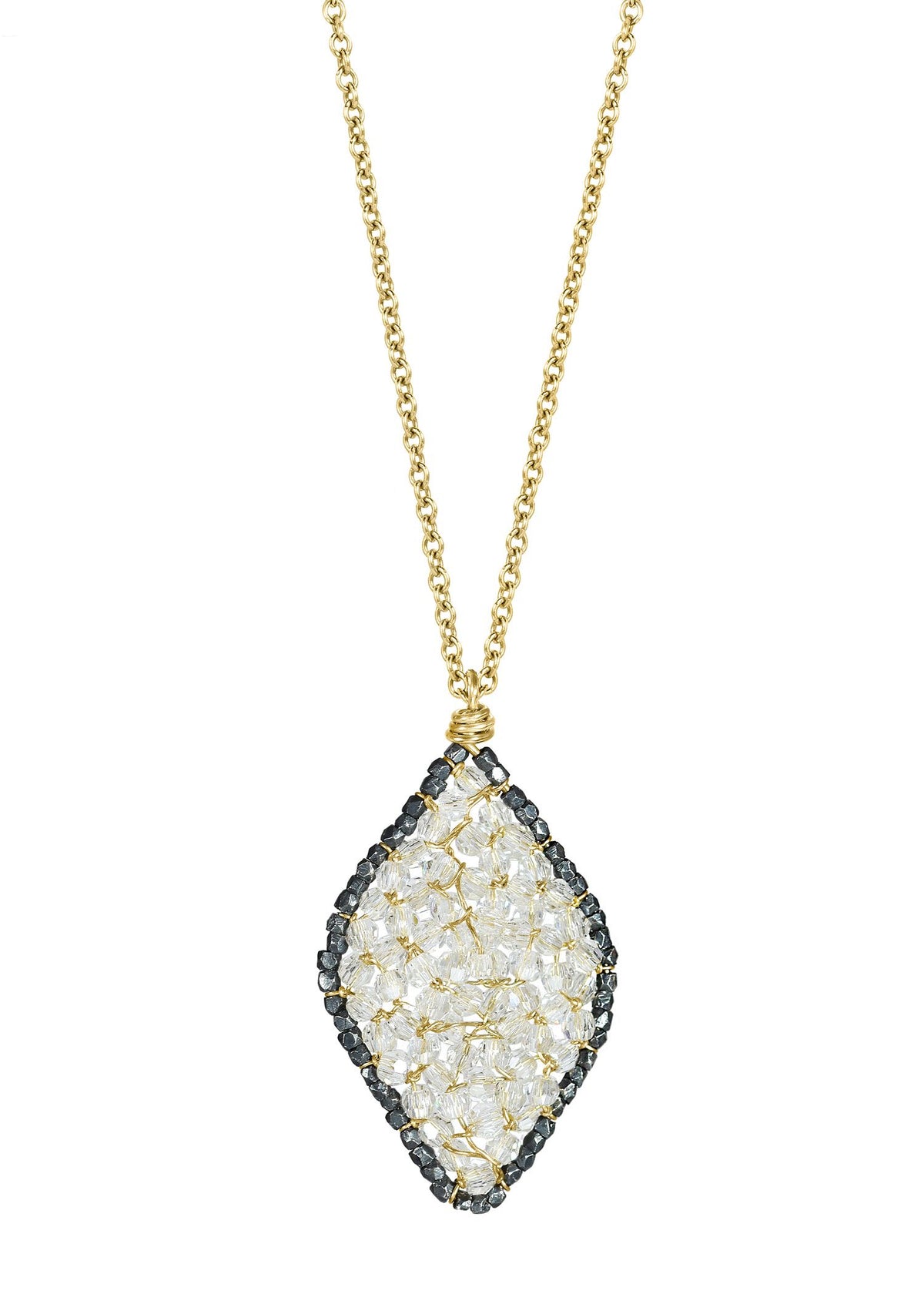 Crystal 14k gold fill Blackened sterling silver Mixed metal Chain measures 17” in length Pendant measures 1” in length and 5/8” in width Handmade in our Los Angeles studio