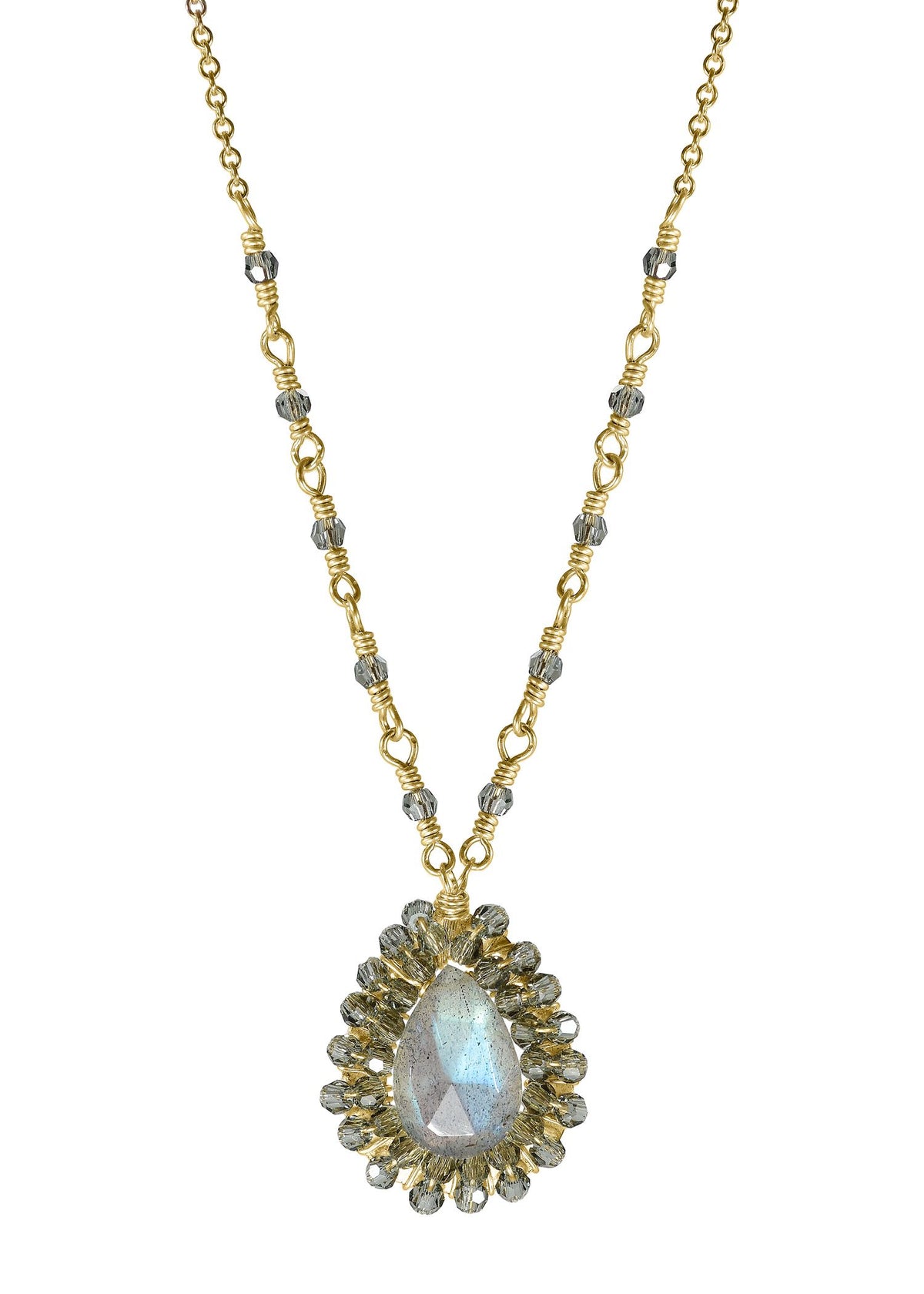 Labradorite Crystal 14k gold fill Necklace measures 16-3/4” in length Pendant measures 11/16” in length and 9/16” in width Handmade in our Los Angeles studio
