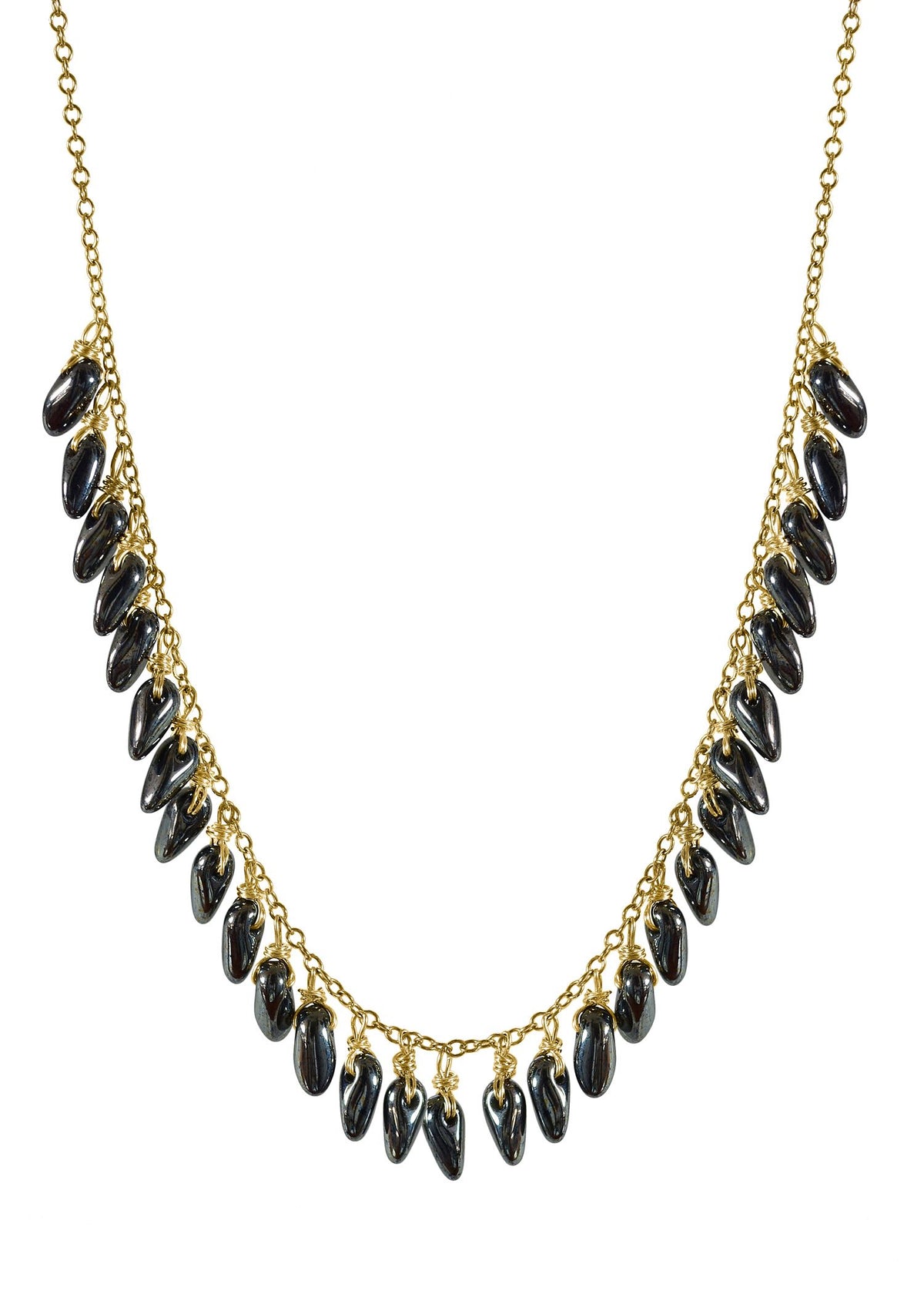 14k gold fill Hematite glass beads Necklace measures 18&quot; in length Pendants measure 3/16&quot; in length Handmade in our Los Angeles studio