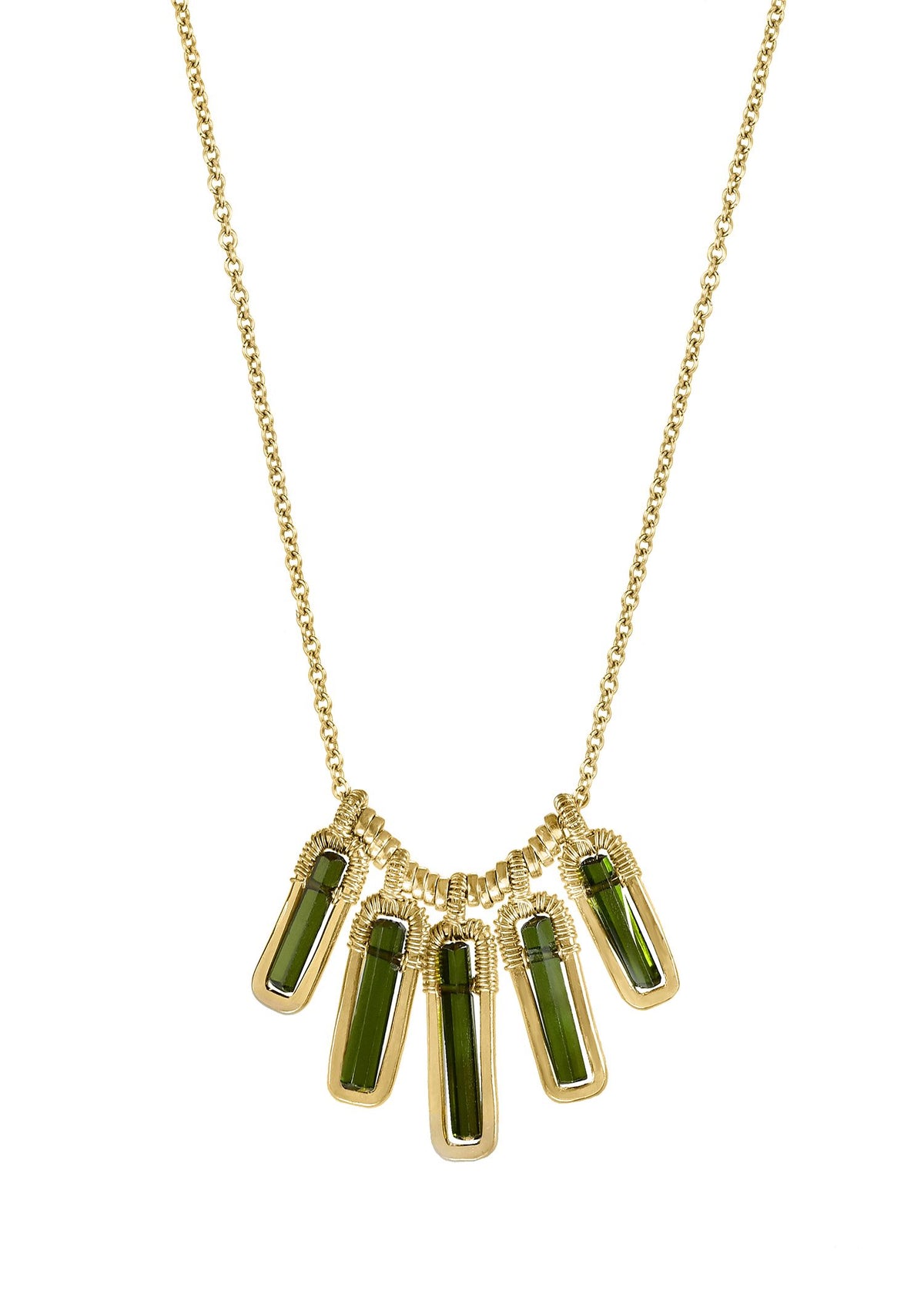Tourmaline 14k gold fill Necklace measures 16” in length Pendants measure 7/16”-5/8” in length and 3/16” in width Handmade in our Los Angeles studio