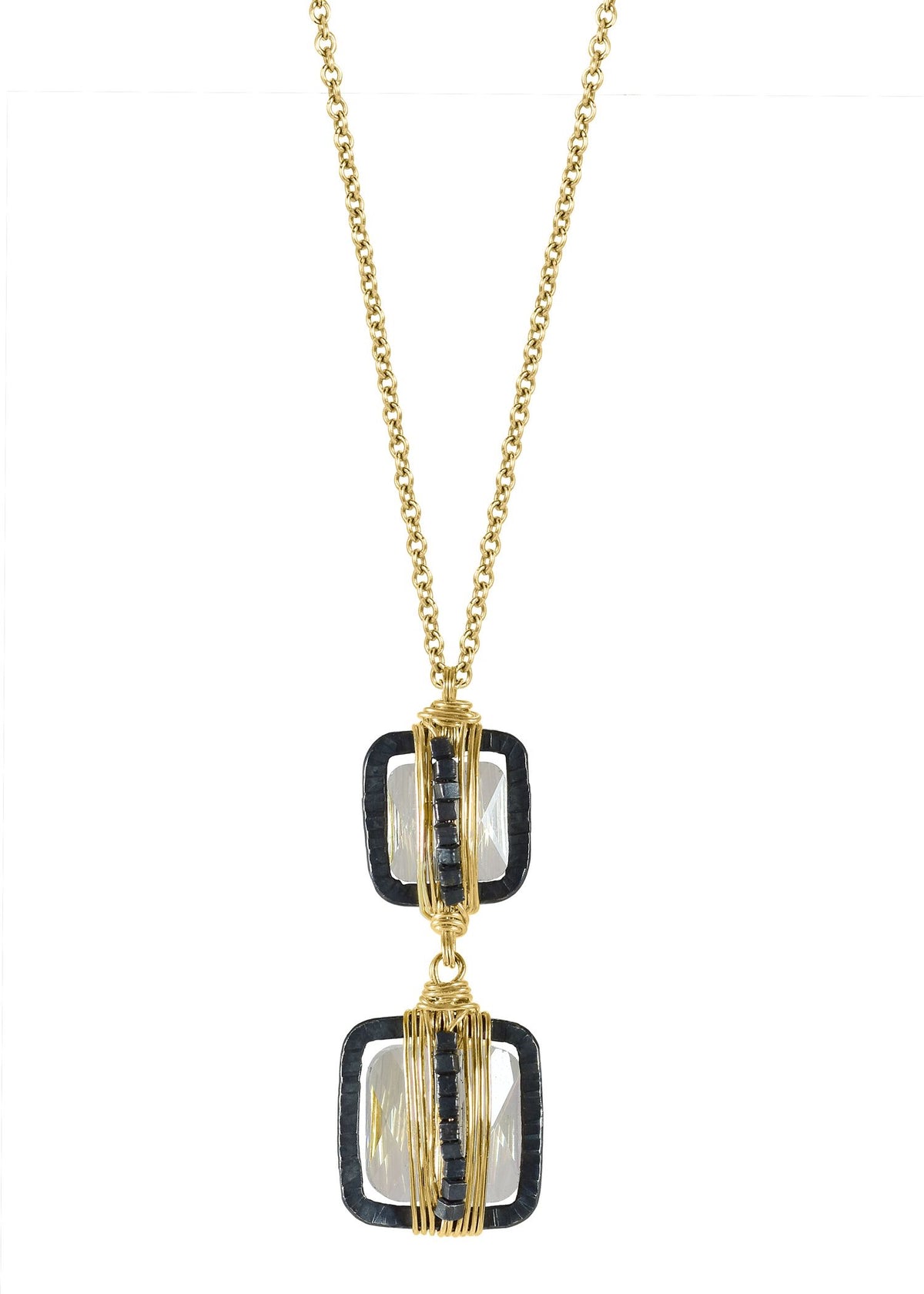Crystal 14k gold fill Blackened sterling silver Mixed metal Necklace measures 17” in length Pendant measures 1” in length and 3/8” in width Handmade in our Los Angeles studio