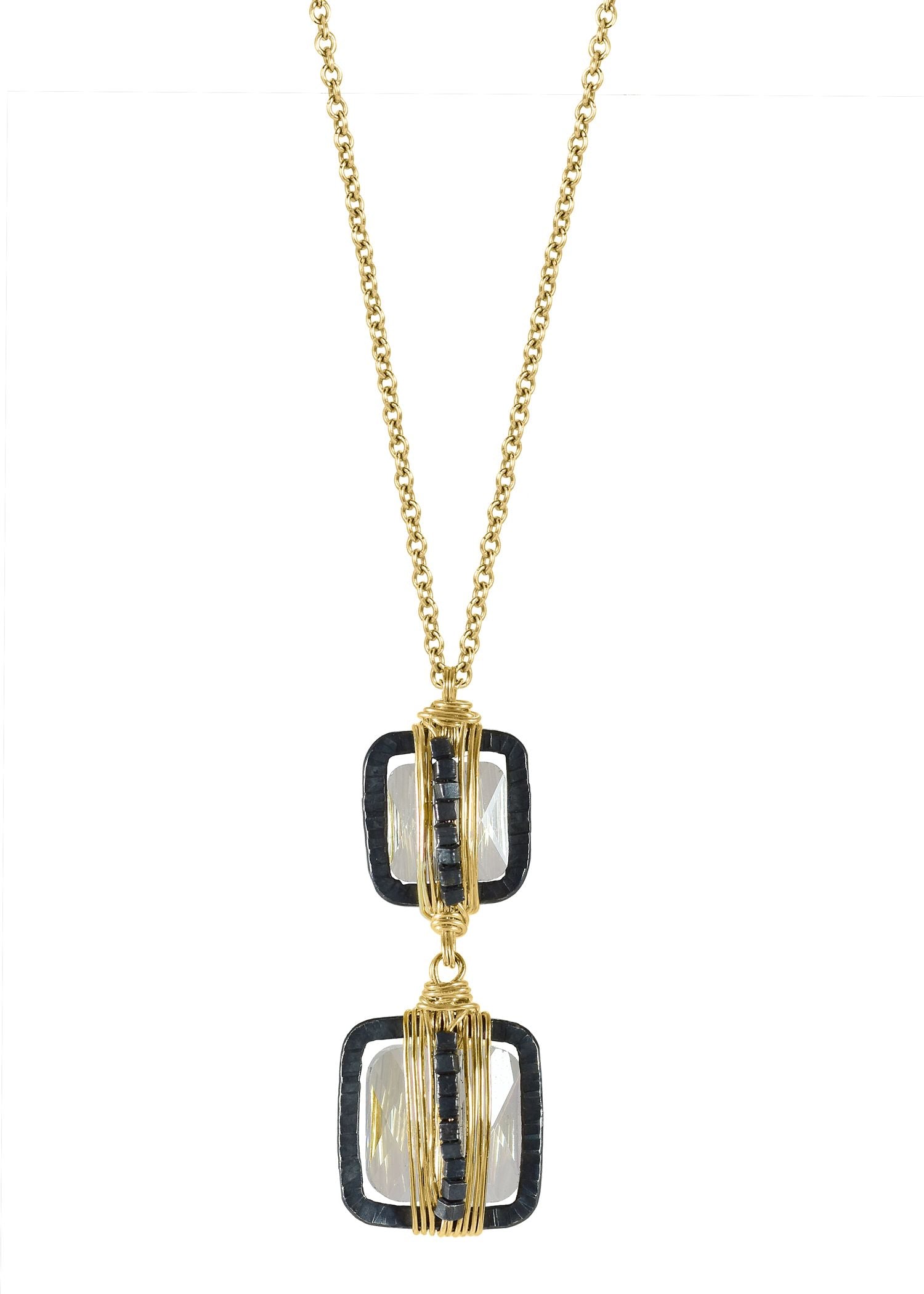 Crystal 14k gold fill Blackened sterling silver Mixed metal Necklace measures 17” in length Pendant measures 1” in length and 3/8” in width Handmade in our Los Angeles studio