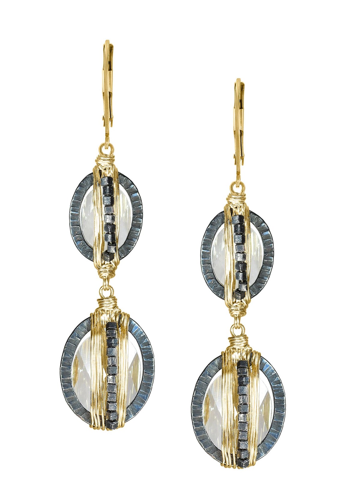 Crystal 14k gold fill Blackened sterling silver Mixed metal Earrings measure 1-7/8&quot; in length (including the levers) and 7/16&quot; in width Handmade in our Los Angeles studio