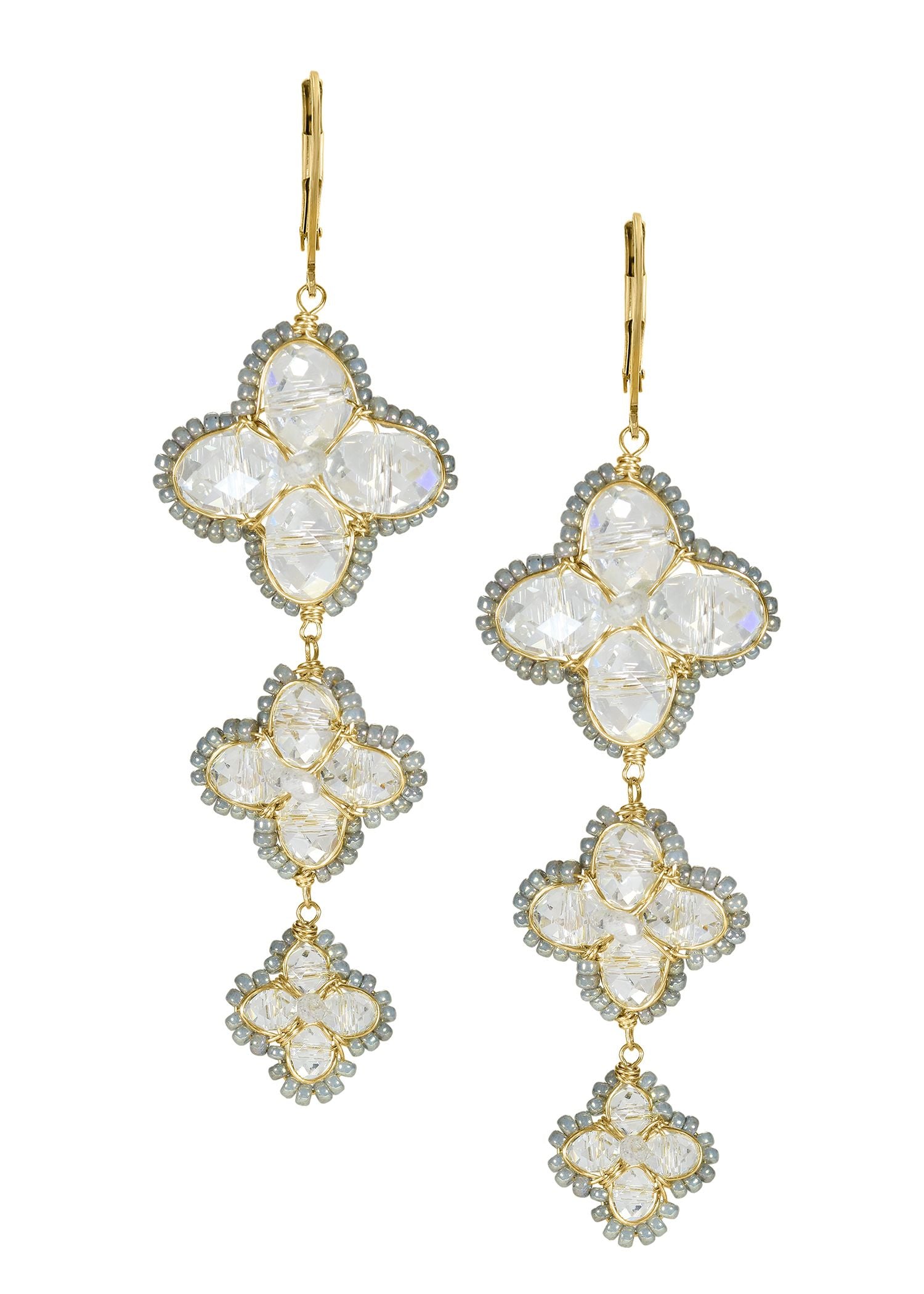 Crystal Moonstone Pearl seed beads 14k gold fill Earrings measure 2-3/4" in length (including the levers) and 13/16" in width Handmade in our Los Angeles studio