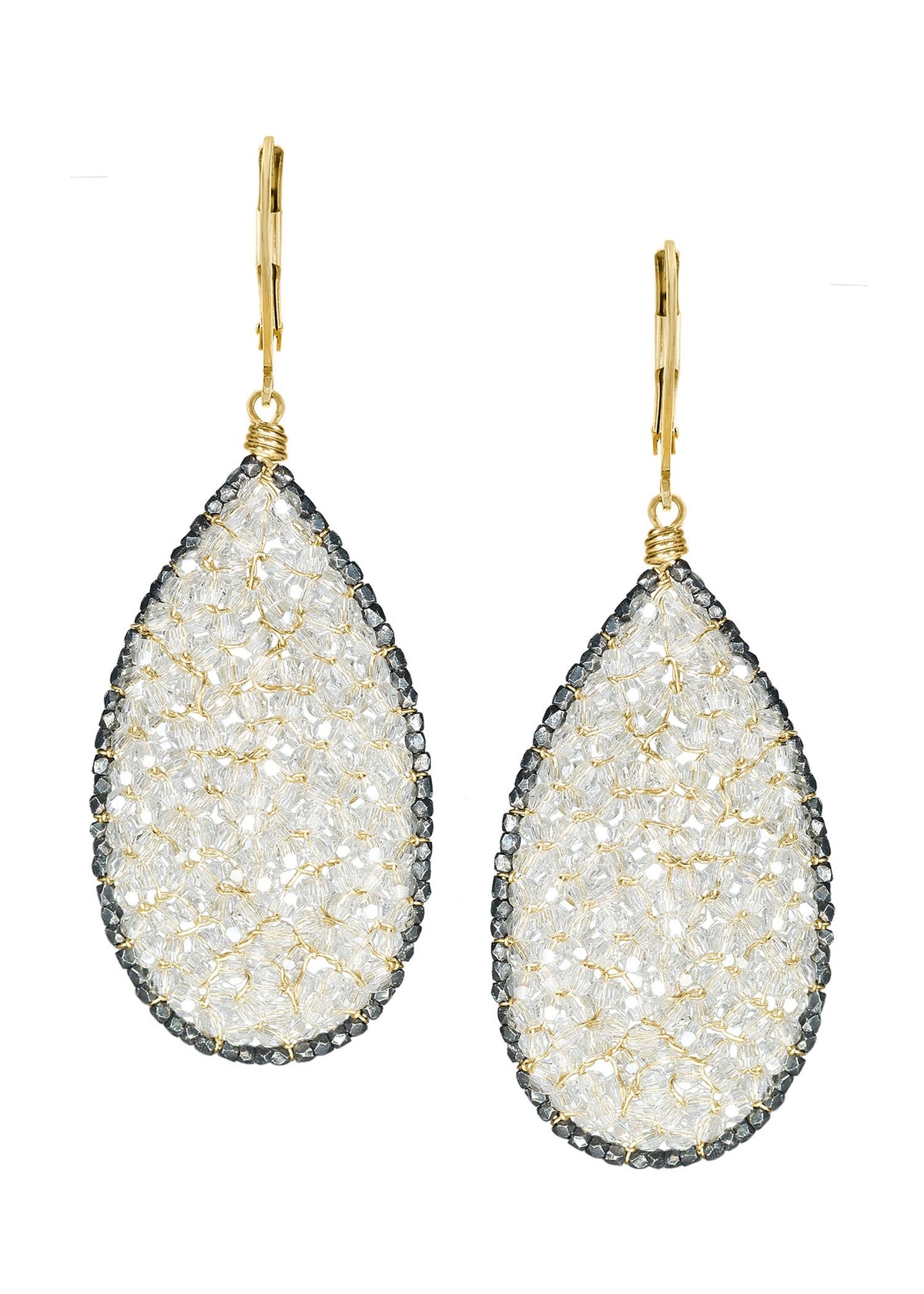 Crystal 14k gold fill Blackened sterling silver Mixed metal Earrings measure 2-3/16&quot; in length (including the levers) and 3/4&quot; in width Handmade in our Los Angeles studio