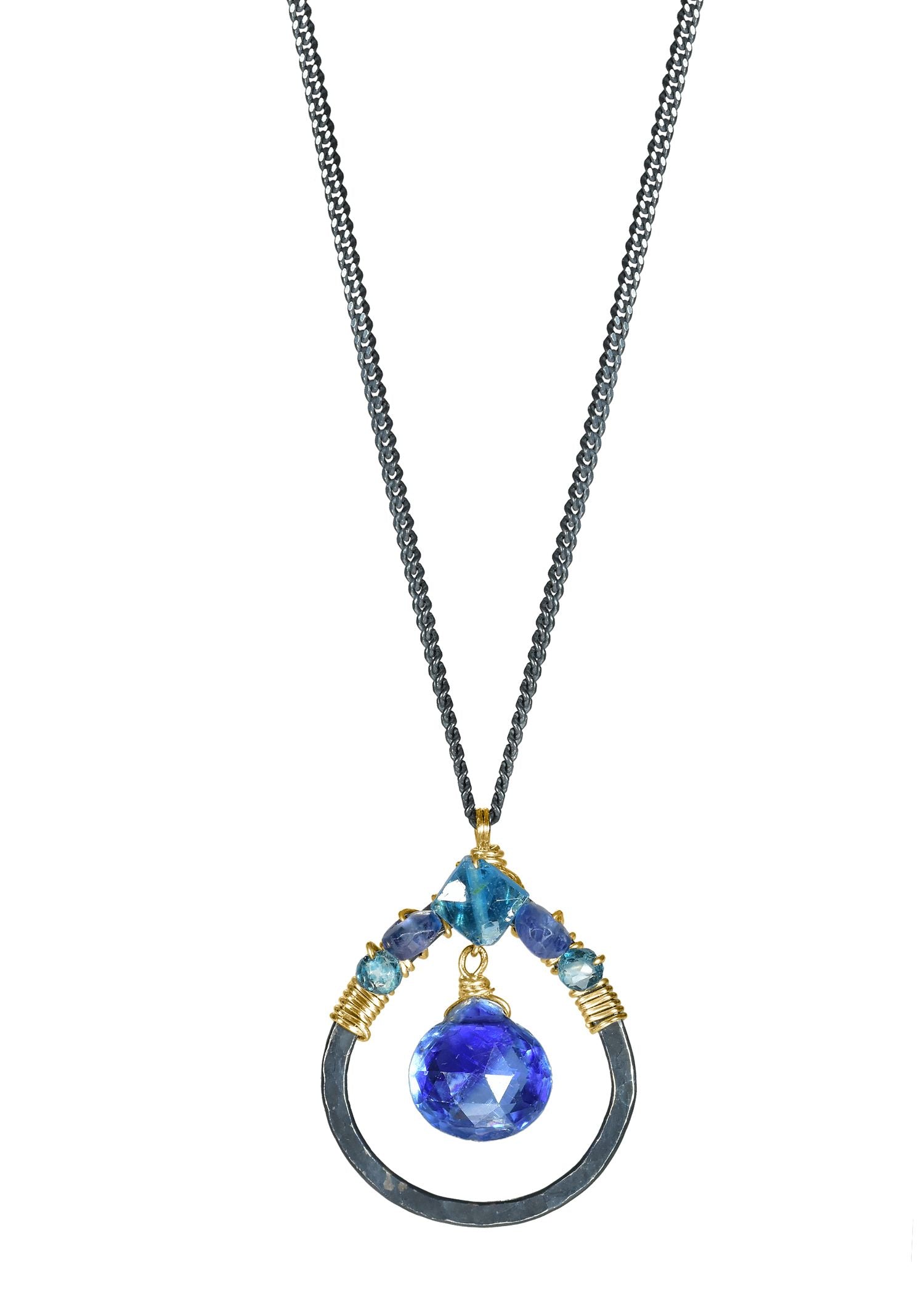 Kyanite London blue topaz Blue quartz 14k gold fill Blackened sterling silver Mixed metal Necklace measures 16” in length Pendant measures 11/16” in length and 9/16” in width Handmade in our Los Angeles studio