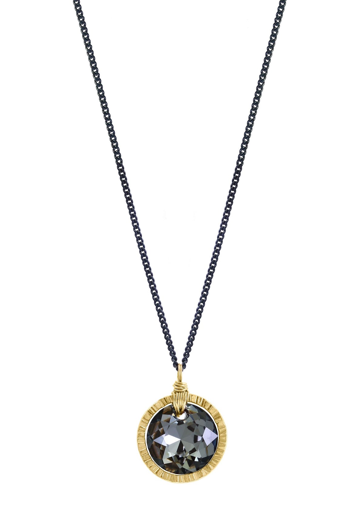 Crystal 14k gold fill Blackened sterling silver Necklace measures 18-1/4&quot;  in length Pendant measures 1/2&quot; in diameter Handmade in our Los Angeles studio