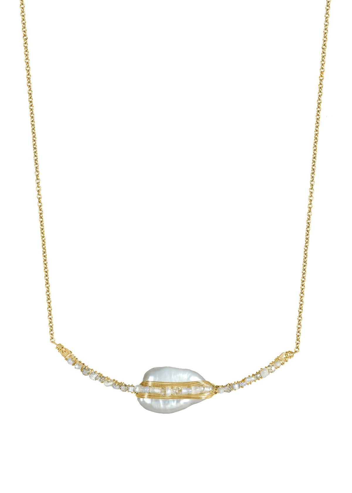 Fresh water pearls White moonstone Crystal Seed beads 14k gold fill Necklace measures 16-1/2&quot; necklace Pendant measures 7/16&quot; in length and 2-1/2&quot; in width Handmade in our Los Angeles studio
