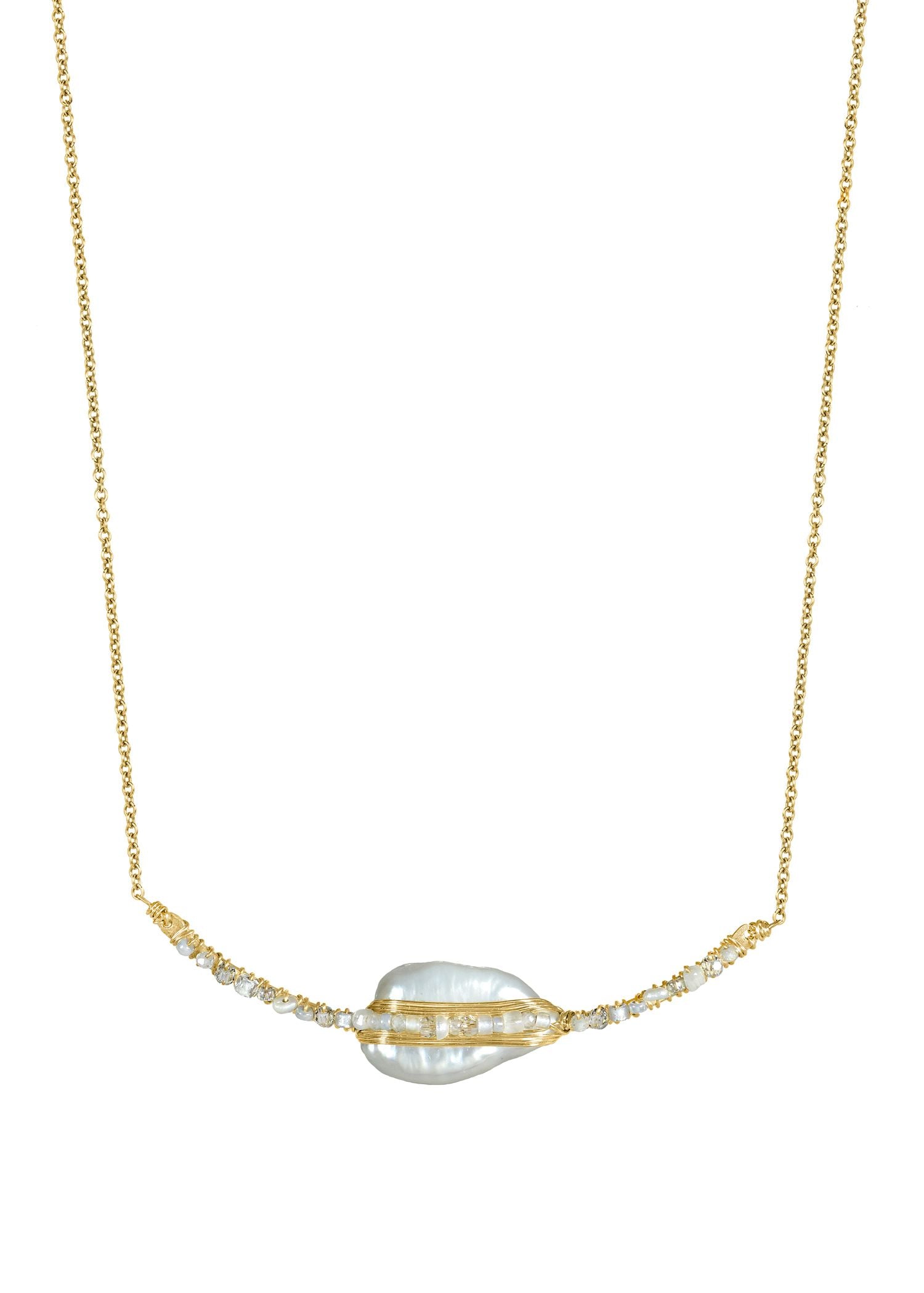 Fresh water pearls White moonstone Crystal Seed beads 14k gold fill Necklace measures 16-1/2" necklace Pendant measures 7/16" in length and 2-1/2" in width Handmade in our Los Angeles studio