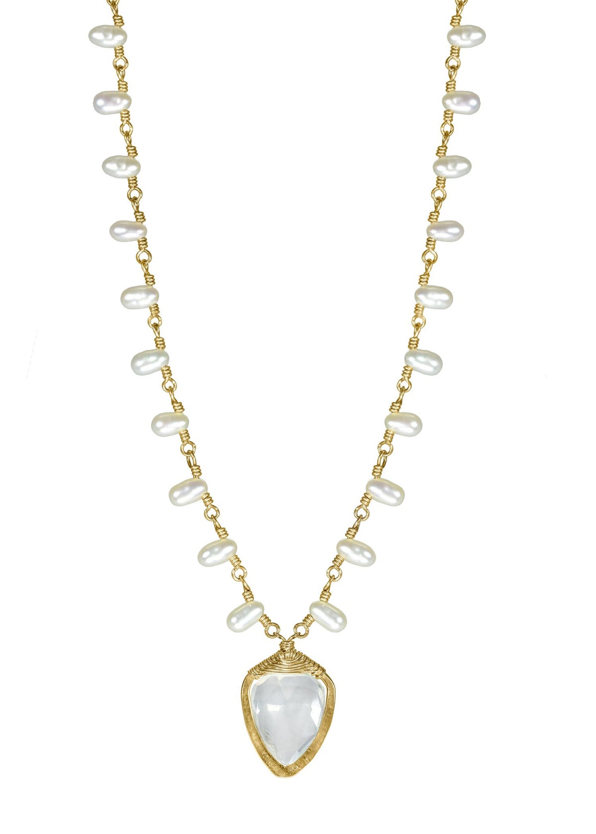 White moonstone Fresh water pearl 14k gold fill Necklace measures 17-1/4” in length Pendant measures 11/16&quot;in length and 7/16&quot; in width Handmade in our Los Angeles studio