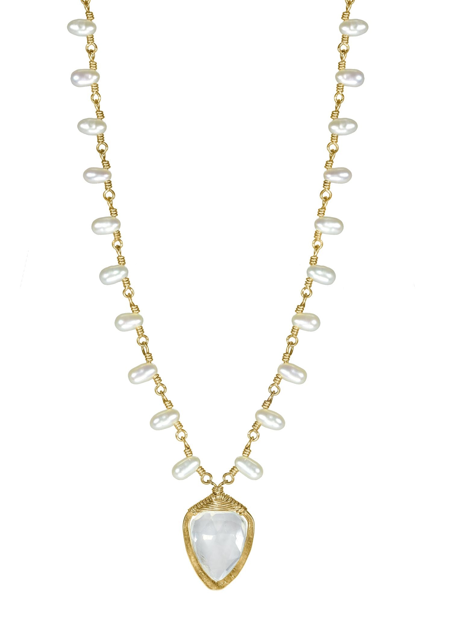 White moonstone Fresh water pearl 14k gold fill Necklace measures 17-1/4” in length Pendant measures 11/16"in length and 7/16" in width Handmade in our Los Angeles studio