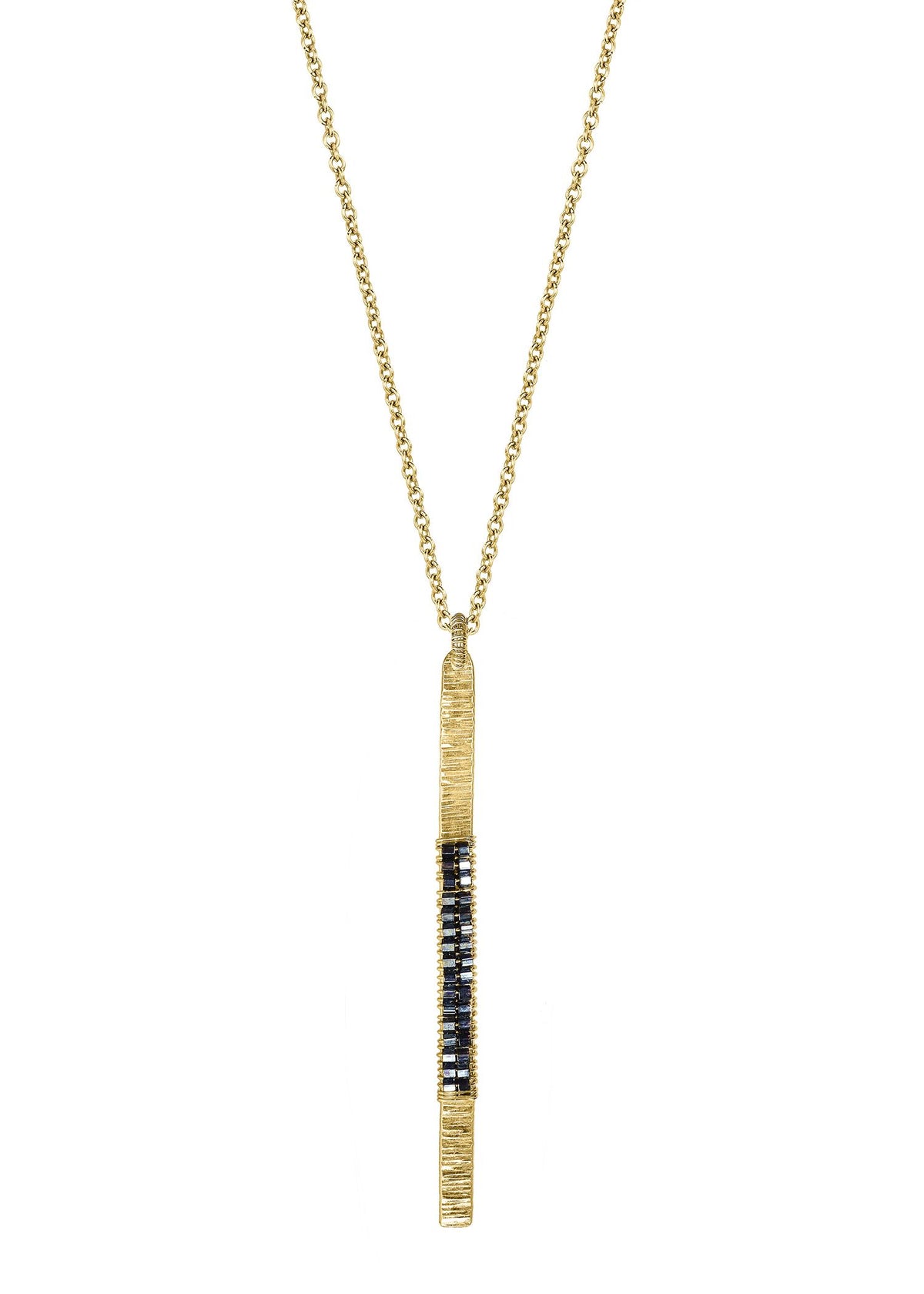 Dark hematite seed beads 14k gold fill Necklace measures 16-1/2&quot; in length Pendant measures 2 in length and 1/8&quot; in width Handmade in our Los Angeles studio