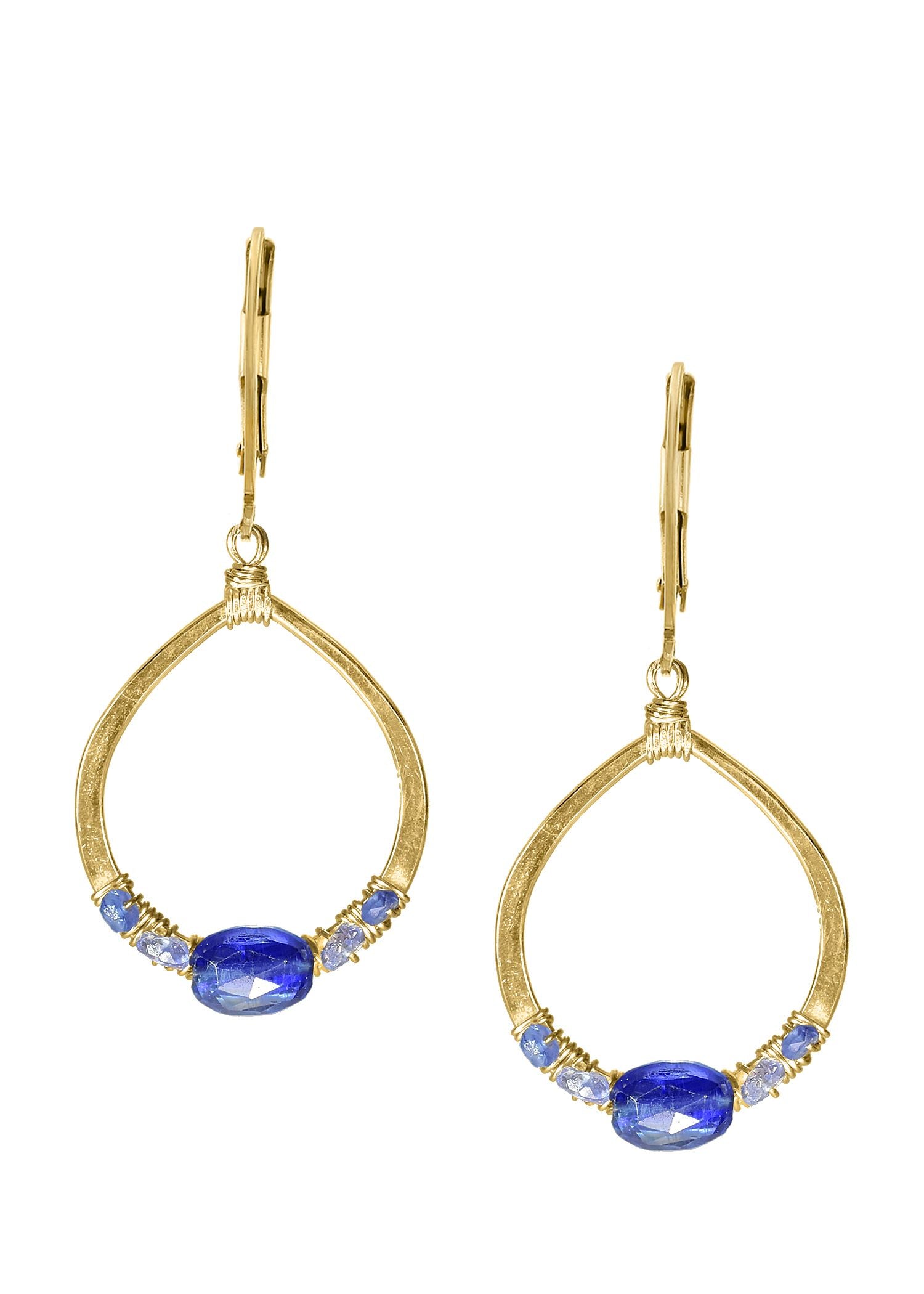 Blue sapphire Kyanite Tanzanite 14k gold fill Earrings measure 1-1/2" in length (including the levers) and 5/8" in width Handmade in our Los Angeles studio