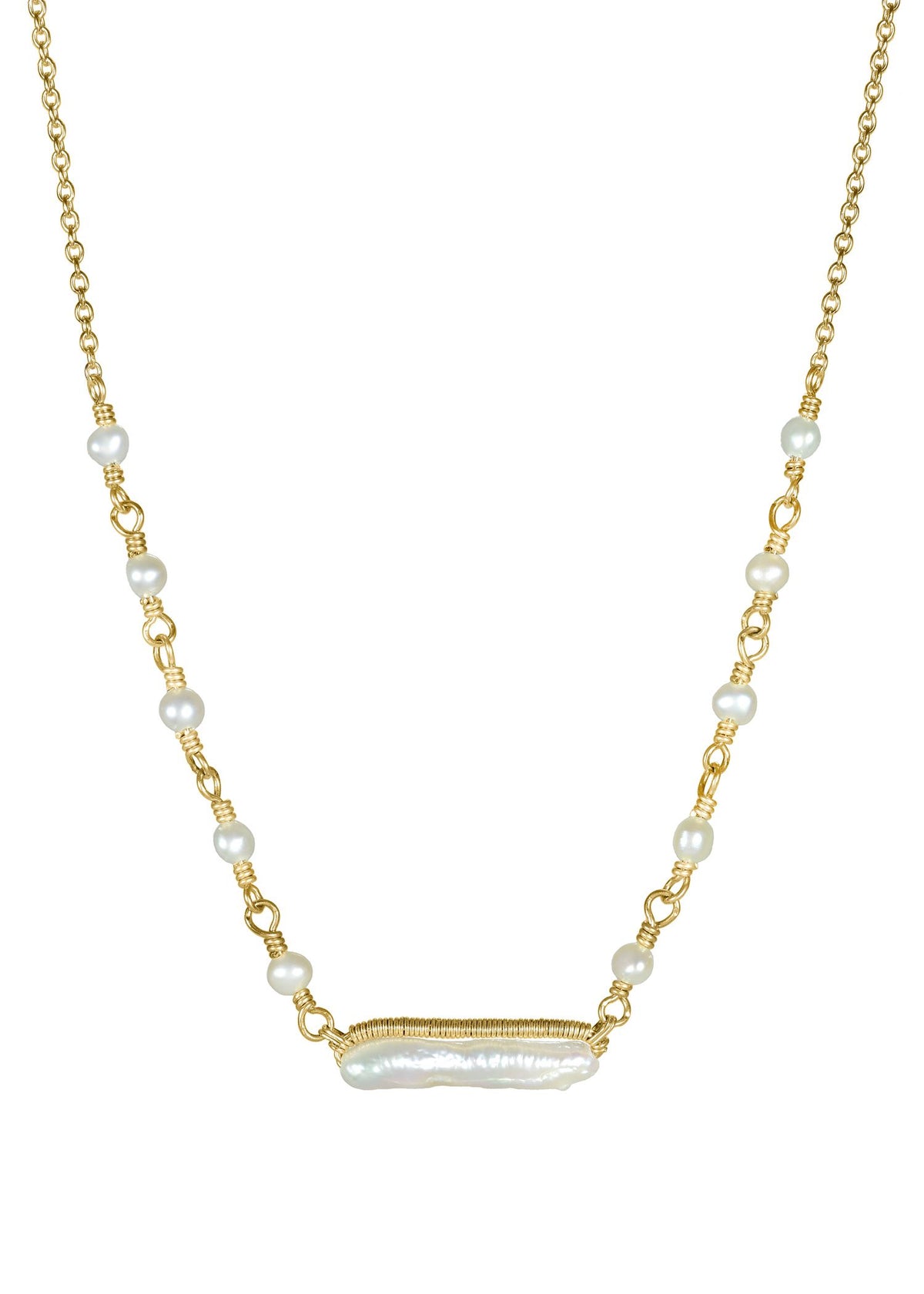 Freshwater pearl 14k gold fill Necklace measures 16-1/2” in length Pendant measures 3/16” in length and 11/16” in width Handmade in our Los Angeles studio