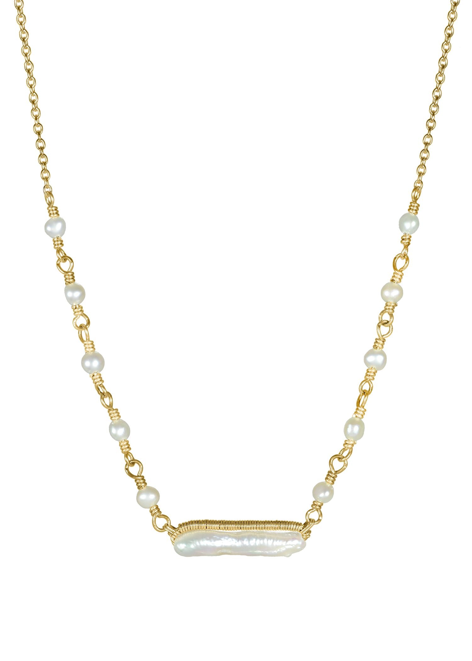 Freshwater pearl 14k gold fill Necklace measures 16-1/2” in length Pendant measures 3/16” in length and 11/16” in width Handmade in our Los Angeles studio