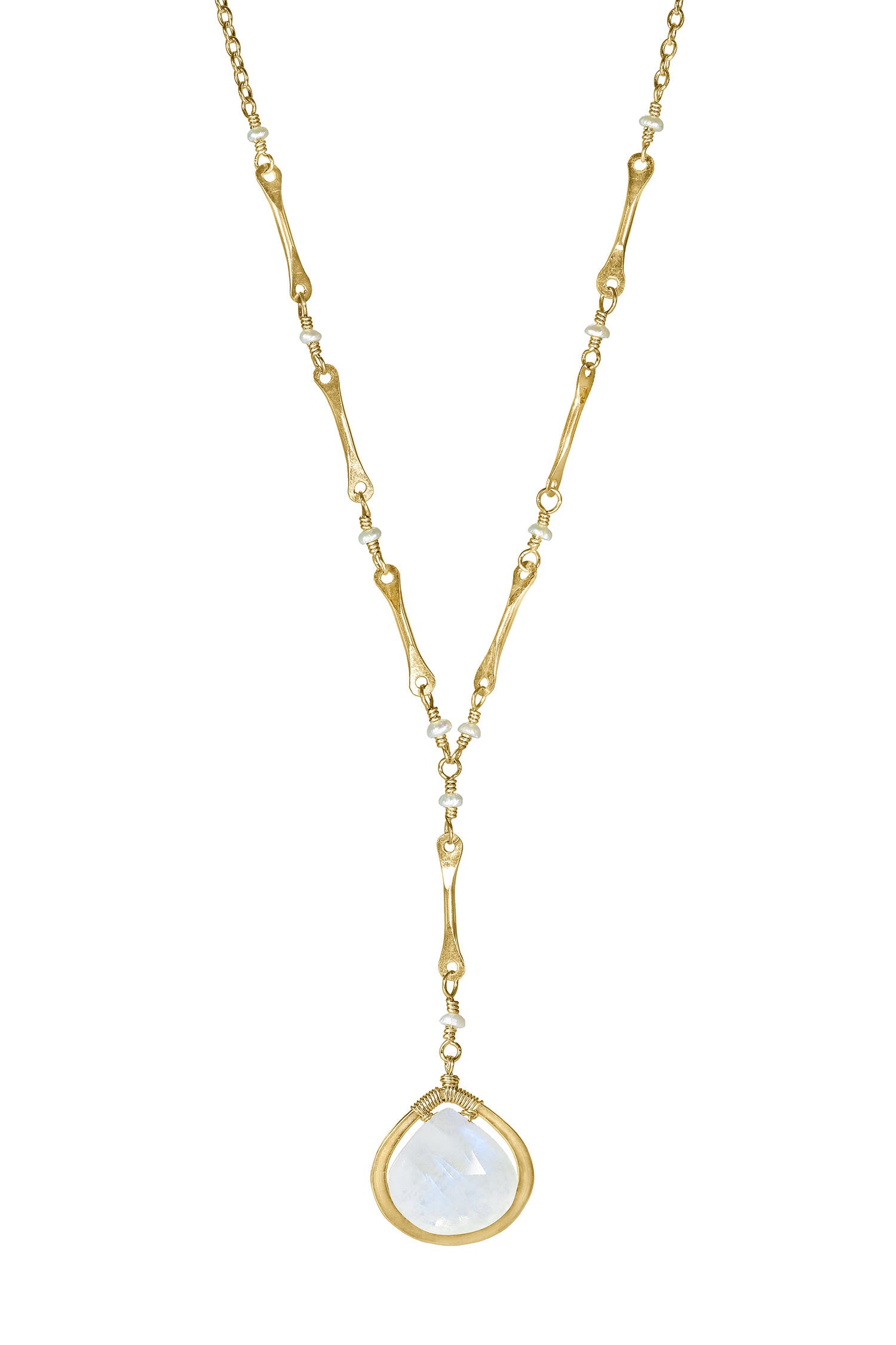 Rainbow moonstone Freshwater pearl 14k gold fill Necklace measures 18" in length Pendant measures 5/8" in length and 11/16" in width at the widest point Handmade in our Los Angeles studio
