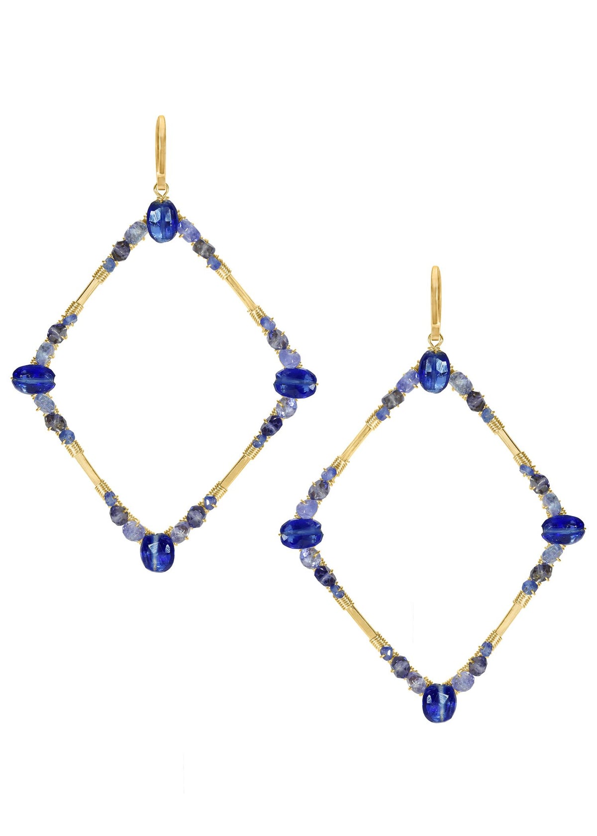 Kyanite Blue sapphire Tanzanite Lolite 14k gold fill Earrings measure 2-5/8&quot; in length (including ear wires) and 1-9/16&quot; in width Handmade in our Los Angeles studio