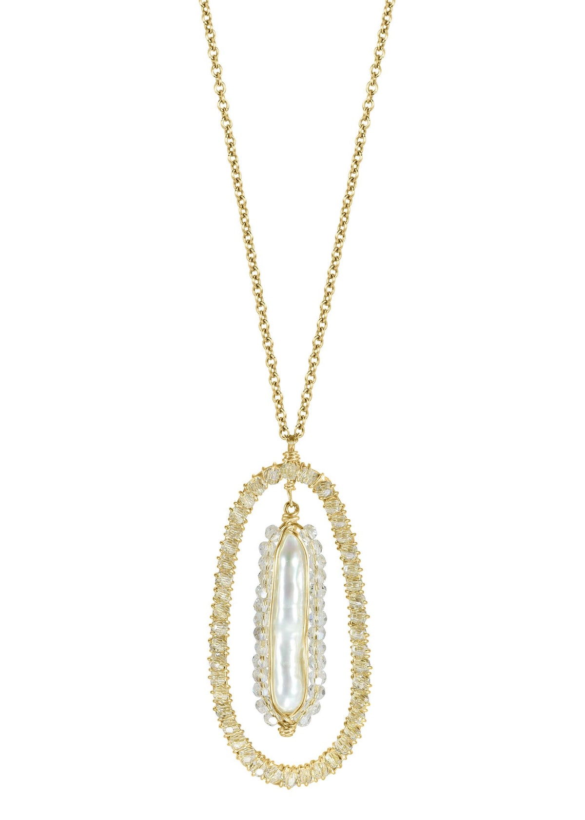 Fresh water pearl Crystal 14k gold fill Necklace measures 18” in length Pendant measures 1-3/8” in length and 11/16” in width Handmade in our Los Angeles studio